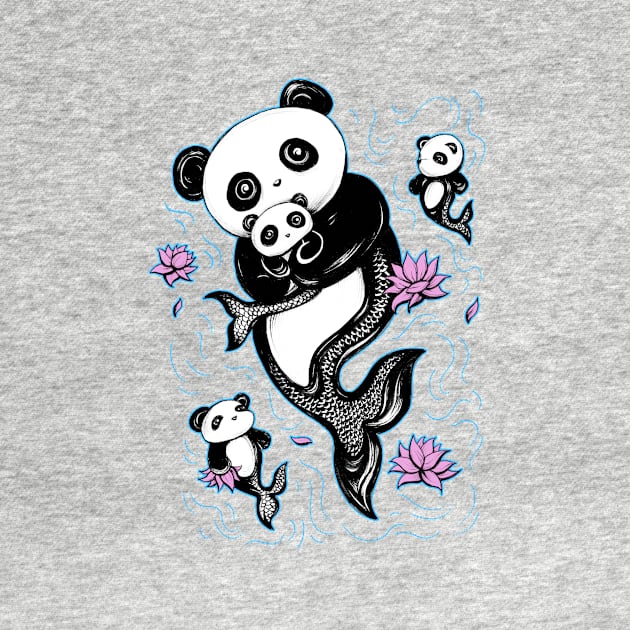 Panda Mermaid Bear with Lotus Flowers by shaireproductions